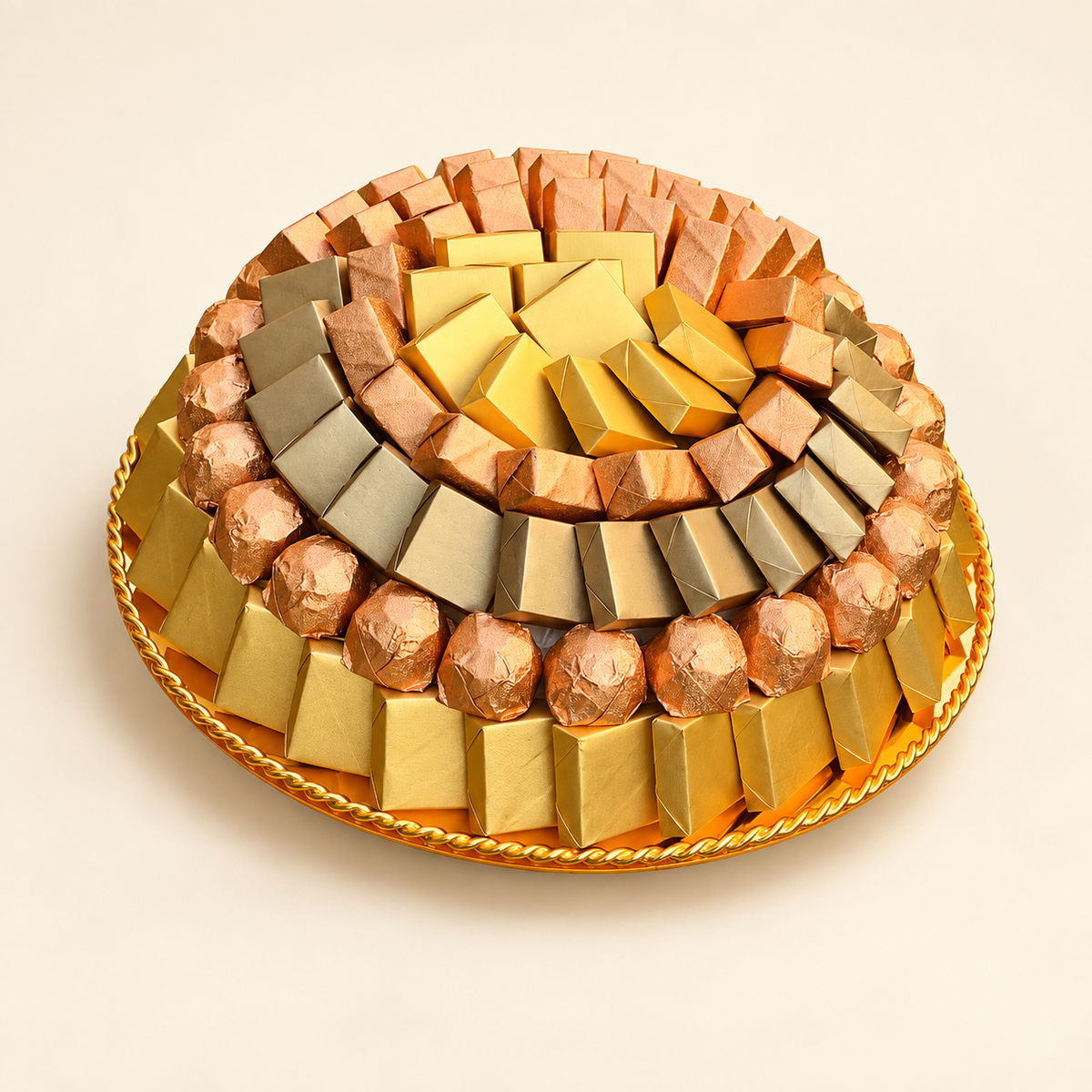 صحن ستانلس ذهبي شوكولاتة مغلّفة | Gold Stainless Steel Plate with Wrapped Chocolate