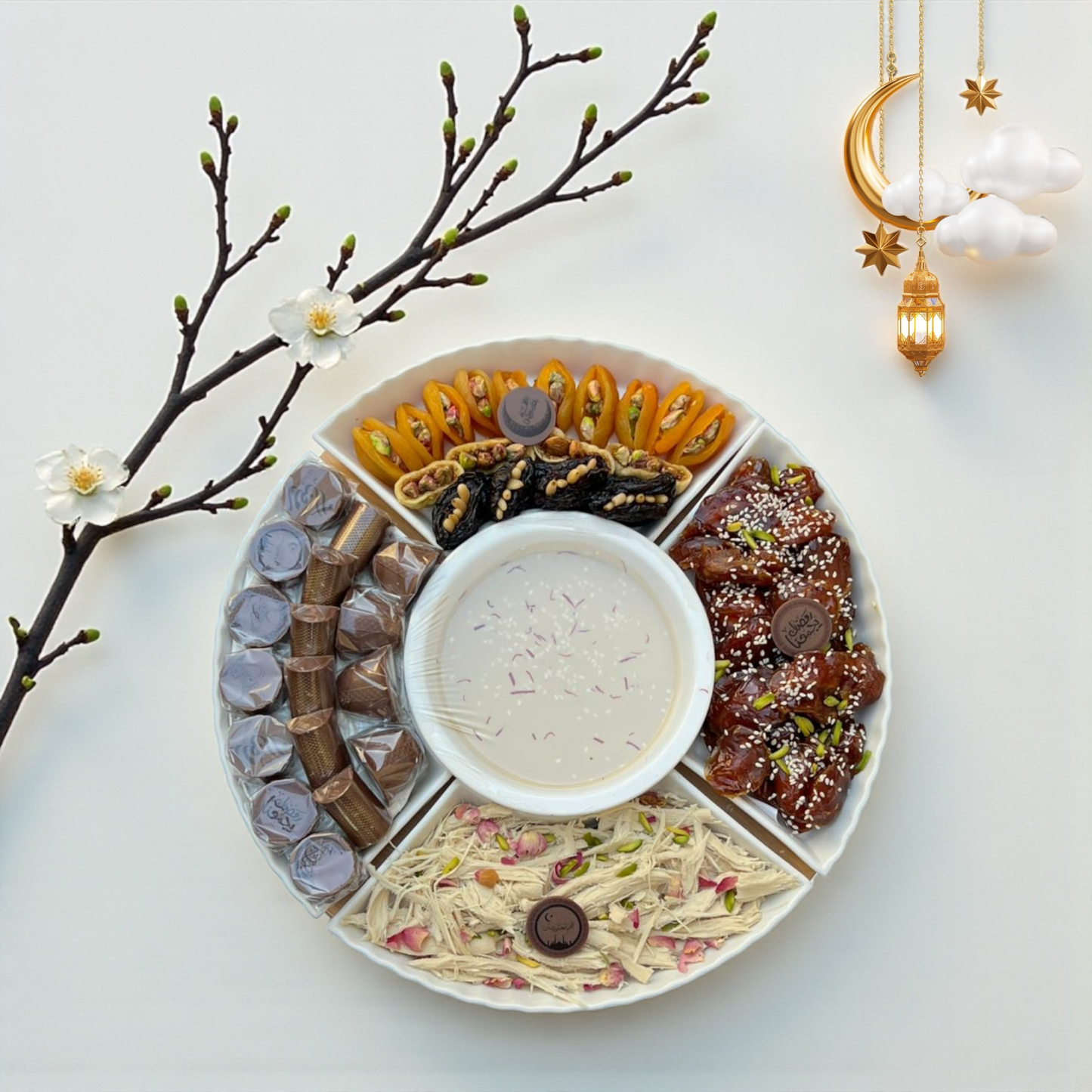 Luxury Porcelain Platter with Crunchy Chocolate Mix, Royal Khalas Dates, Figs & Apricotsصحن بُورسلين فاخر ميكس شوكليت رهش مع خلاص ملكي وتين ومشمش