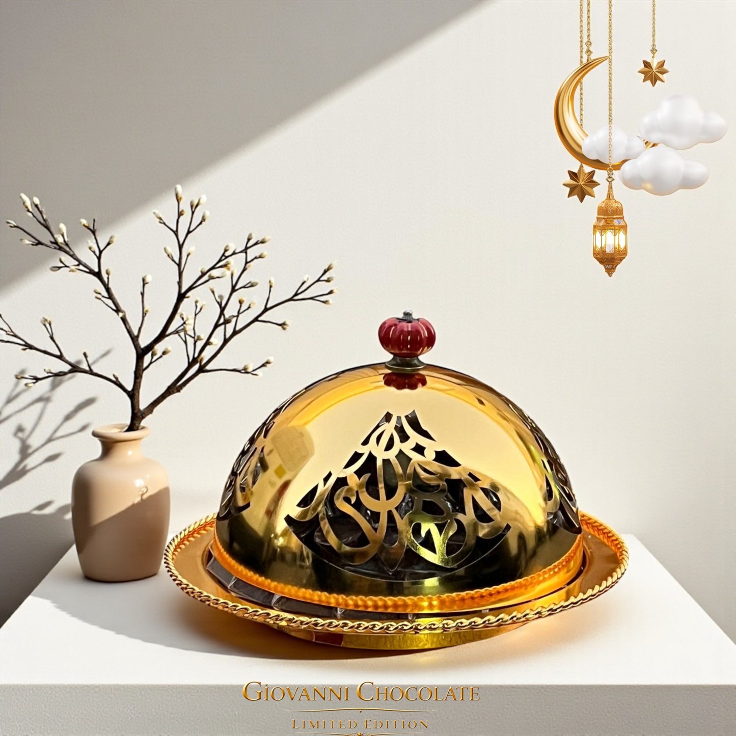 Luxury Porcelain Platter with Engraved Arabic Stainless Steel Dome صحن بروسيلين فاخر بغطاء ستانلس ستيل محفور بحروف عربية