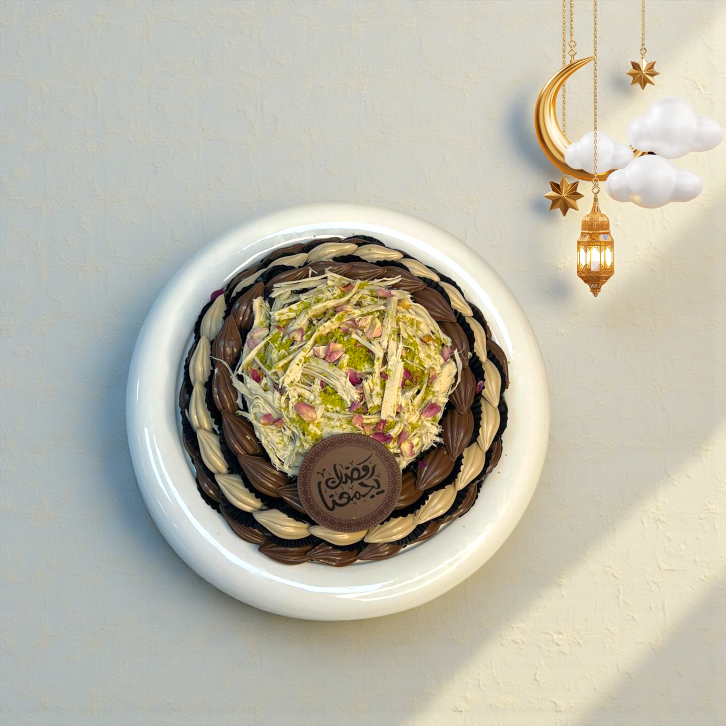Luxury Porcelain Platter with Engraved Arabic Stainless Steel Dome صحن بروسيلين فاخر بغطاء ستانلس ستيل محفور بحروف عربية
