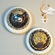 Luxury Porcelain Platter with Engraved Arabic Stainless Steel Dome صحن بروسيلين فاخر بغطاء ستانلس ستيل محفور بحروف عربية