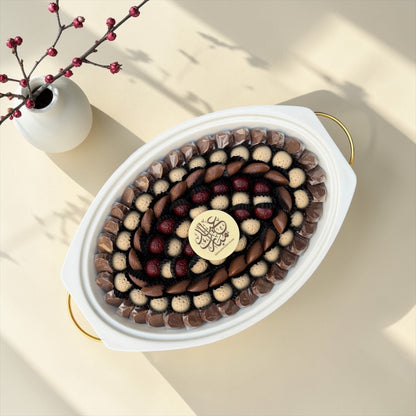 Belgian Chocolate Porcelain Platter with Glass Lid | صحن بورسلين بغطاء زجاجي وحامل ذهبي مع تشكيلة شوكليت بلجيكي