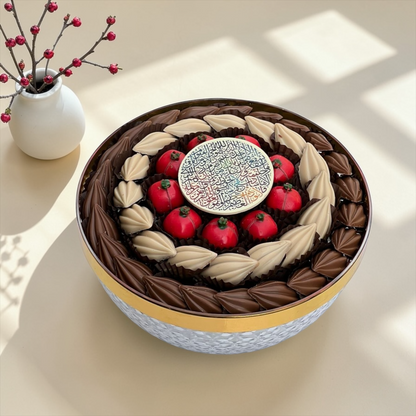 Eid Cocoa Bean & Pomegranate Chocolate Acrylic Platter | صحن أكريليك بغطاء مع شوكليت حبة الكاكاو والرومان
