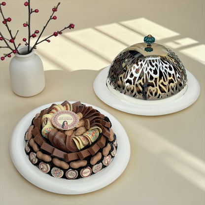 Eid Chocolate Porcelain Platter with Stainless Steel Lid | صحن بورسلين مع غطاء ستانلس فاخر لشوكليت العيد