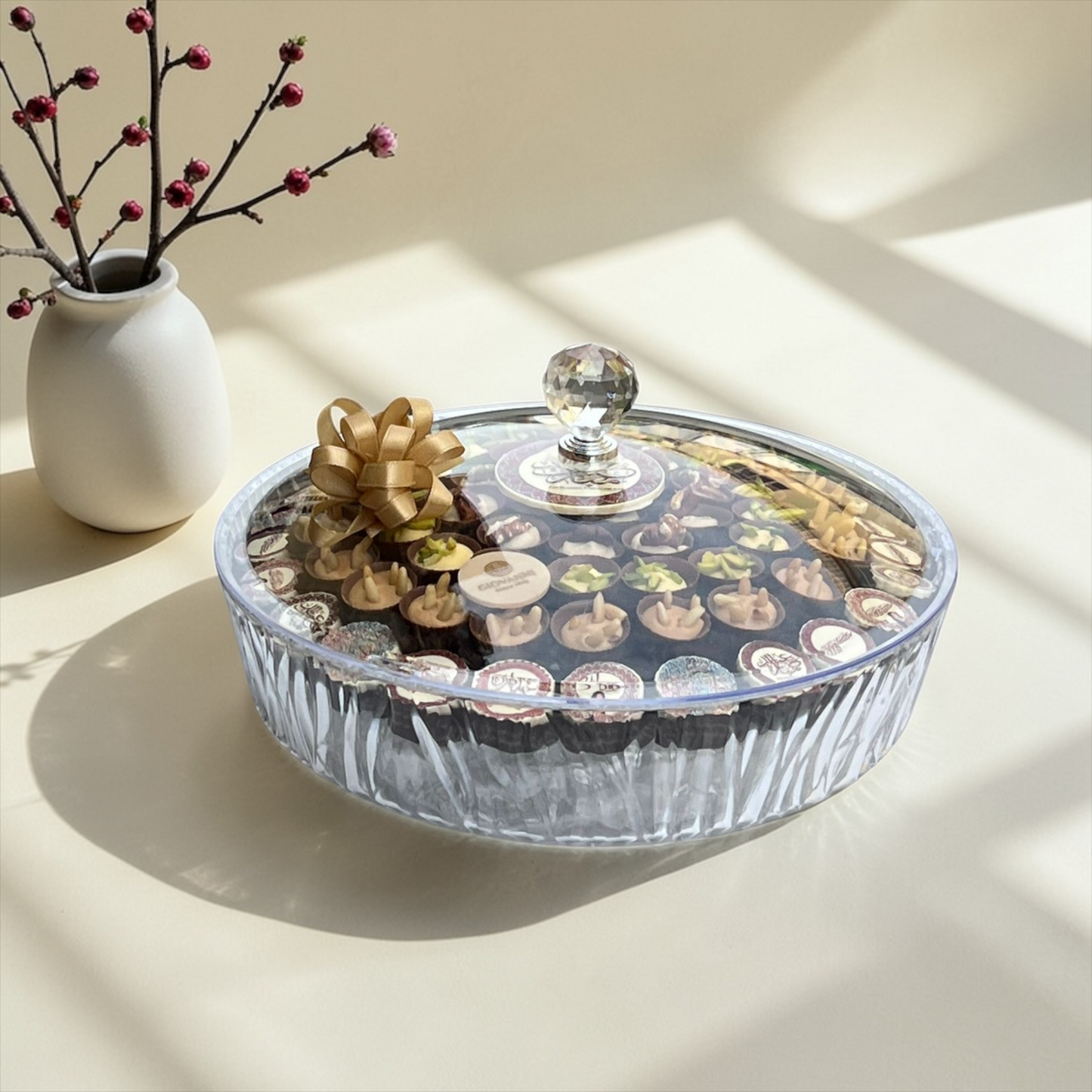 Eid Chocolate Cups & Printed Chocolate Acrylic Platter | صحن أكريليك بغطاء مع شوكليت كاب وشوكليت مطبوع