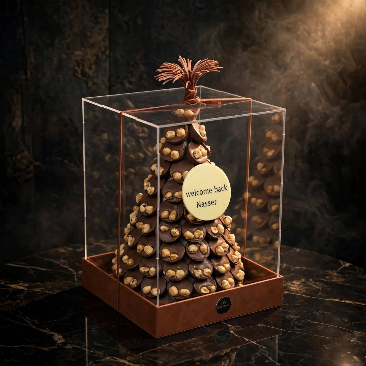 Luxury VIB acrylic chocolate hazelnut round pyramid angled view