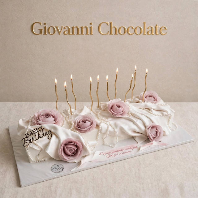 Rectangular birthday cake with dusty-pink roses – Giovanni Chocolate UAE
