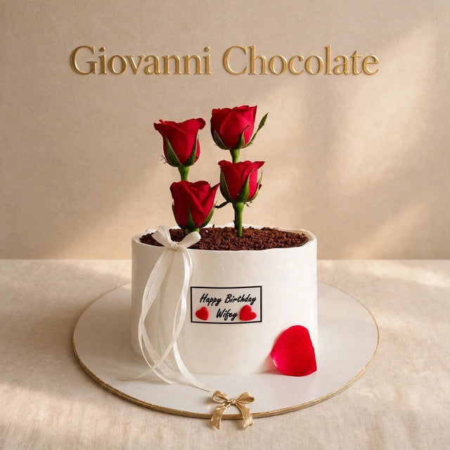 Birthday cake with a red rose bouquet – Giovanni Chocolate UAE