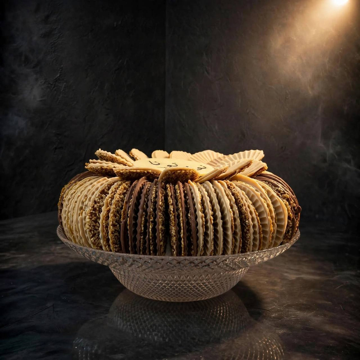 Crystal fan-shaped plate with chocolate-covered sesame treats | صحن كريستال بتصميم المروحة يحتوي على سمسم بالشوكليت