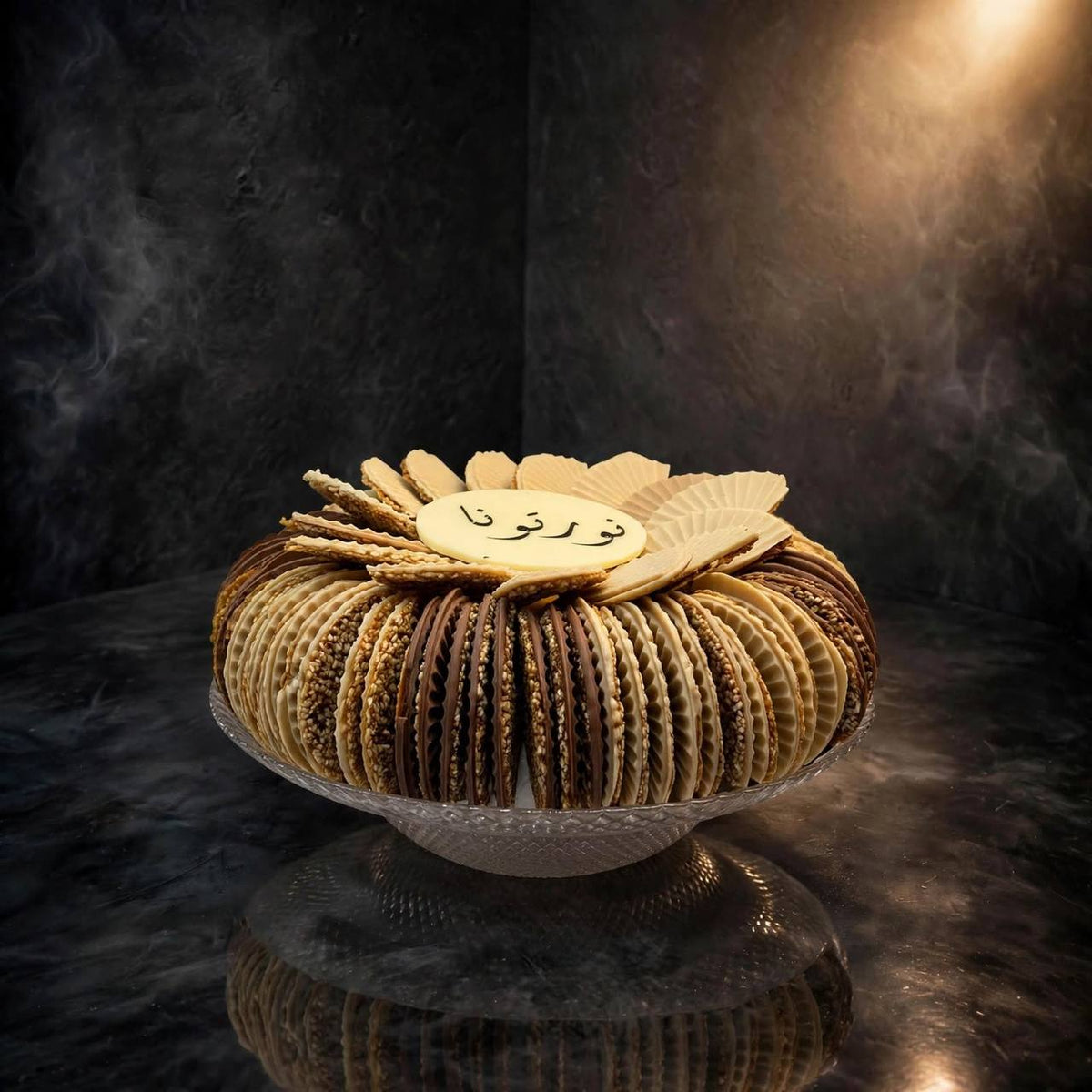 Crystal fan-shaped plate with chocolate-covered sesame treats – 2 | صحن كريستال بتصميم المروحة يحتوي على سمسم بالشوكليت – 2