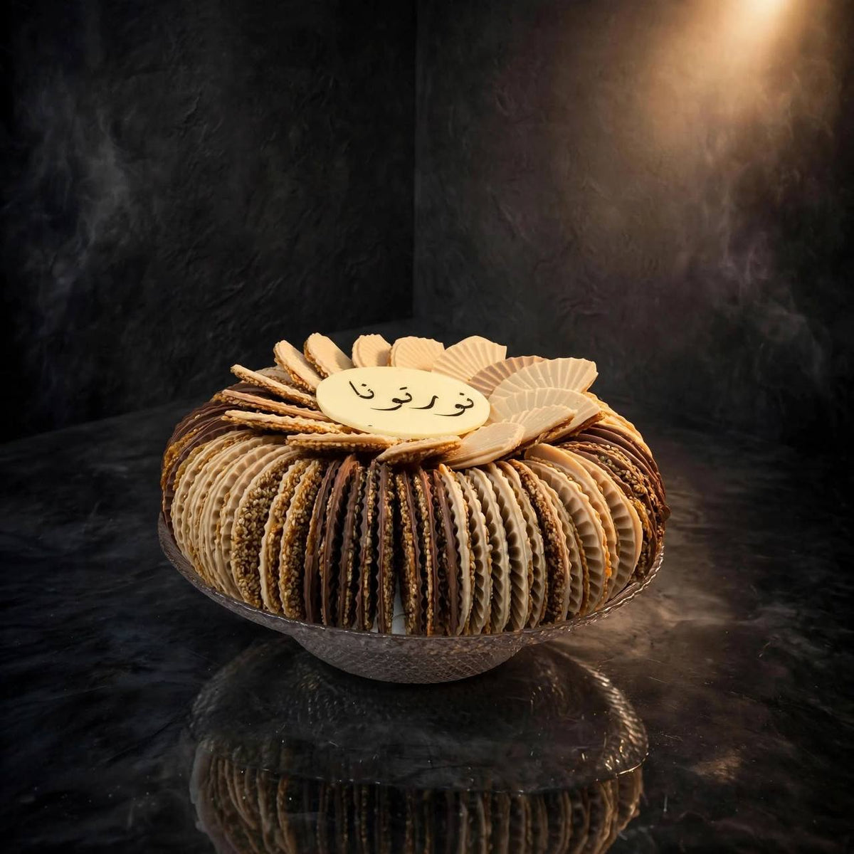 Crystal fan-shaped plate with chocolate-covered sesame treats – 3 | صحن كريستال بتصميم المروحة يحتوي على سمسم بالشوكليت – 3
