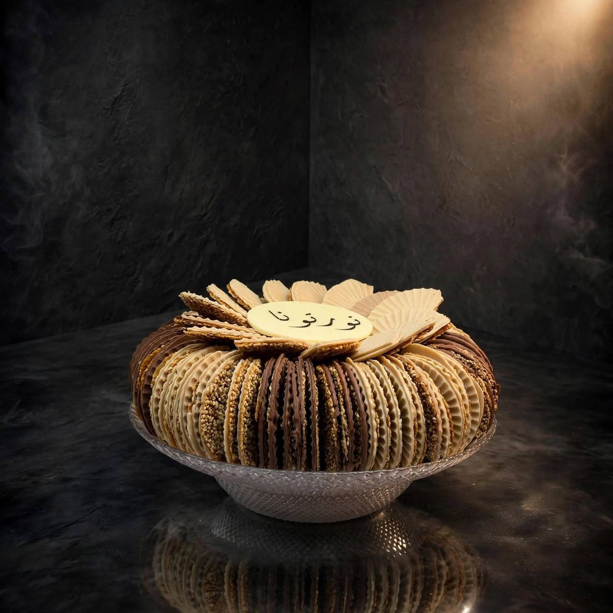 Crystal fan-shaped plate with chocolate-covered sesame treats – 4 | صحن كريستال بتصميم المروحة يحتوي على سمسم بالشوكليت – 4