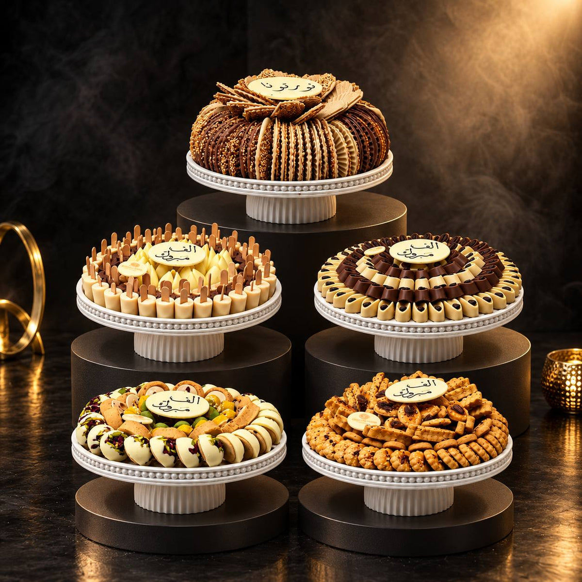 Prestige Package luxury chocolates and treats on five elegant plates | باكيج بريستيج من الشوكولاتة الفاخرة والموالح على خمس صحون أنيقة