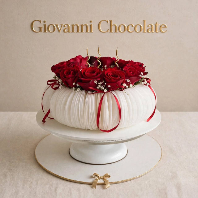 White cake crowned with red roses – Giovanni Chocolate UAE